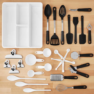 Mainstays 30-Piece Kitchen Gadget Set with Cooking Utensils, Measuring Cups,  Clips, and Drawer Organizer, Black/White - Yahoo Shopping