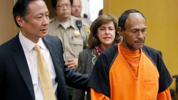 PHOTO: Jose Ines Garcia Zarate, right, is led into the courtroom by San Francisco Public Defender Jeff Adachi, left, and Assistant District Attorney Diana Garciaor, center, for his arraignment at the Hall of Justice in San Francisco on July 7, 2015. (Michael macor/San Francisco Chronicle/AP)