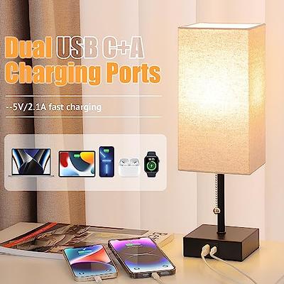 GGOYING Set of 2 Bedside Table Lamp, Pull Chain Table Lamp with USB C+A  Charging Ports, 2700K LED Bulb, Fabric Linen Lampshade, Nightstand Lamp for