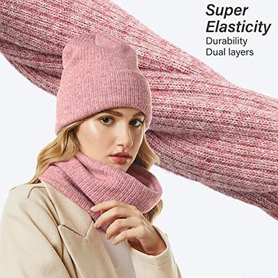 Beanie Hat Scarf and Gloves Set, Womens Winter Warm Knitted Hat Thick Skull Cap 3 in 1 For Cold Weather (Pink)