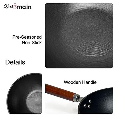 21st & Main Light Weight Cast Iron Wok, Stir Fry Pan, Wooden Handle, with Glass Lid, 11 inch, Chef’s Pan, Pre-Seasoned Nonstick, for Chinese