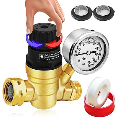 Adjustable Water Pressure Regulator with Gauge and Filter, Brass Lead-Free  3/4 NH Thread for Camper, RV Trailer