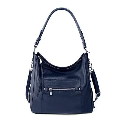 Womens Genuine Leather Purse Adjustable Strap Mid Size Multi Pocket Shoulder  Bag Navy Blue