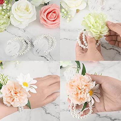 Rose Pearl Wrist Corsages Wristband Hand Flowers for Wedding Bridesmaid  Bridal Shower Prom Party Wrist Flower Stretchable Wedding Bracelet Crystal