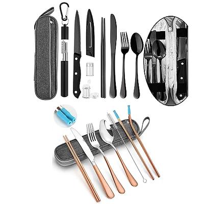 Travel Utensils Set with Case Reusable Portable Cutlery Set Stainless Steel  8pcs Including Dinner Knife Fork Spoon Chopsticks Straws(Silver)
