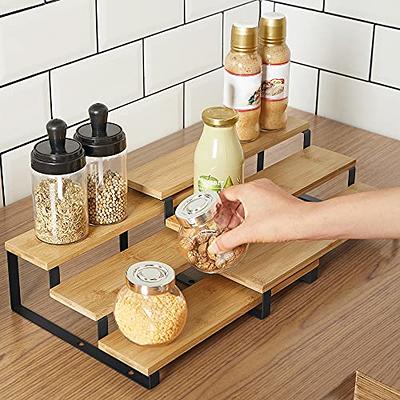 SONGMICS Cabinet Shelf Organizers Set of 2 Kitchen Counter Shelves Metal  and Bamboo Black and Natural