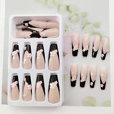 24PCS Nude Nails Press on Rhinestone Coffin Fake Nail Tips Pre Desige  Manicure