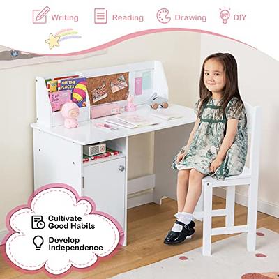 UTEX Kids Desk,Wooden Study Desk with Chair for Children,Writing Desk with  Storage and Hutch for Home School Use,White