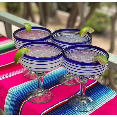 Set of 6 Hand-blown Mexican Margarita Glasses Blue Swirl 12 Oz 