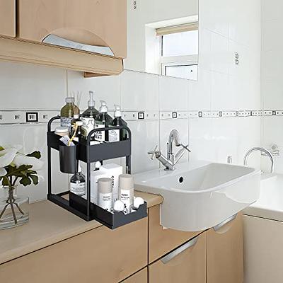 NETEL Under Sink Organizer,2 Tier Under Bathroom Sink Cabinet Organizers  with Hanging Cup, Multi-purpose Under Sliding Cabinet Basket Organizer