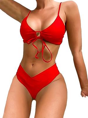 Finelylove Slimming Swimsuits For Women Lace Cut-Out Bra Style Bikini Red S  