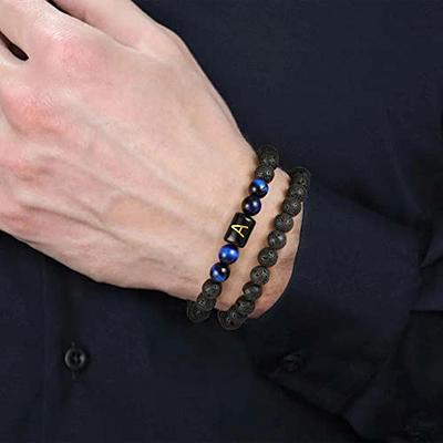 Initial Beaded Bracelets for Men Boys, 8mm Natural Stone Tiger Eye Mens Bracelets  Beads Letter B