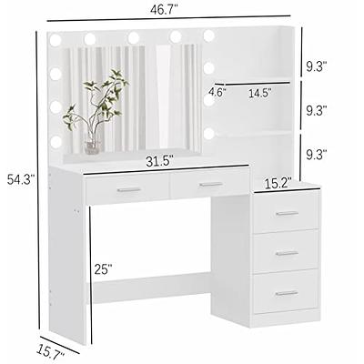 Rovaurx Makeup Vanity Table with Lighted Mirror, Makeup Vanity Desk with  Storage Shelf and 4 Drawers, Bedroom Dressing Table, 10 LED Lights, White
