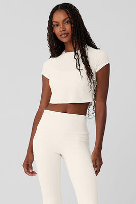 Ribbed Sea Coast Cropped Short Sleeve T-Shirt in Ivory White, Size: Small