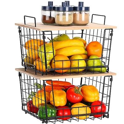 2 Set Stackable Wire Basket with Bamboo Top - Pantry, Kitchen Counter  Organization and Storage - Cabinet, Shelf, Countertop Space Saving  Organizing 