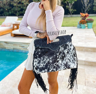 Cowhide Crossbody Purse With Fringe Handbag Wallet Clutch Dark 