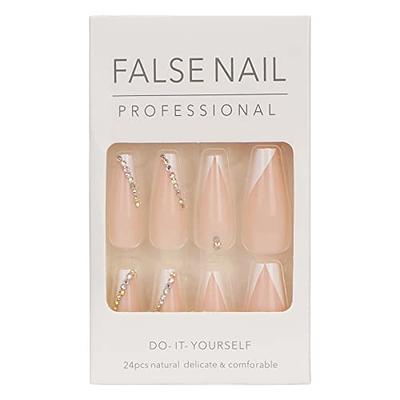 Pink Rhinestones False Nails Long Coffin Fake Nail Ballet Press on Flower  Square Nails Tips for