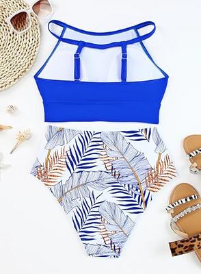 Women's Leaf Print Tankini Set High Waisted Swimsuit Print Set Swimsuit  Tops Bikini Large Top Medium Bottom, Blue, Small : : Clothing,  Shoes & Accessories