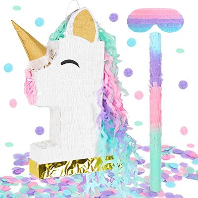 Whaline Unicorn Number 1 Pinata with Blindfold Stick and Confetti