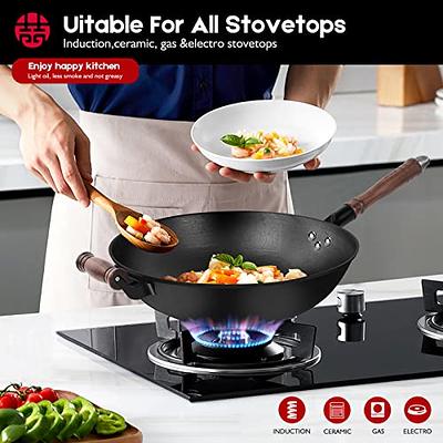 Get WANGYUANJI 2 in 1 Cast Iron Wok Flat Bottom Woks Stir Fry Pans