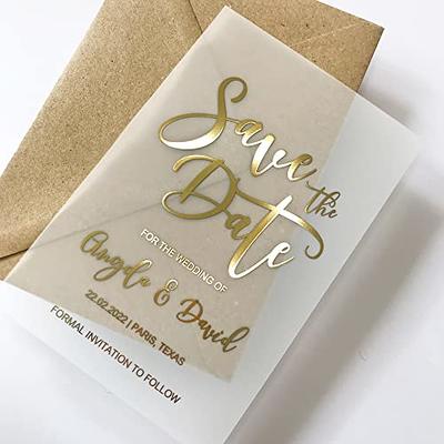 Luxury Vellum Save the Date Card & Envelope. Gold Foil Wedding