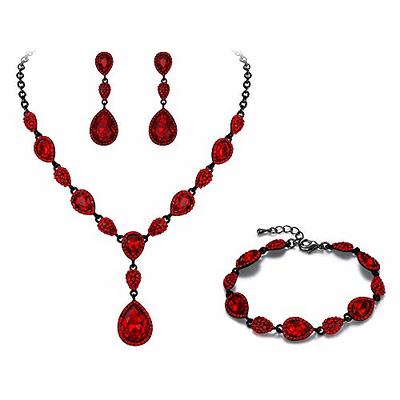 High Quality CZ Diamonds Ruby Necklace Earrings Set Bridal 