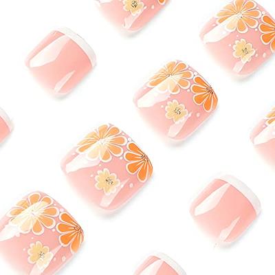 Summer Toe False Nail Flowers Square Short Press on Nails for Nail Art 24pcs