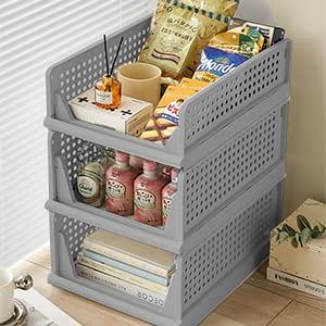 Pinkpum Stackable Plastic Storage Basket-Foldable Closet Organizers and  Storage Bins 4 Pack-Drawer Shelf Storage Container for Wardrobe Cupboard