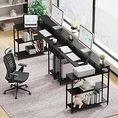 Huuger L Shaped Computer Desk with Power Outlets & LED Lights, Reversible Computer Desk with File Cabinet & Storage Shelves, Corner Desk Home Office