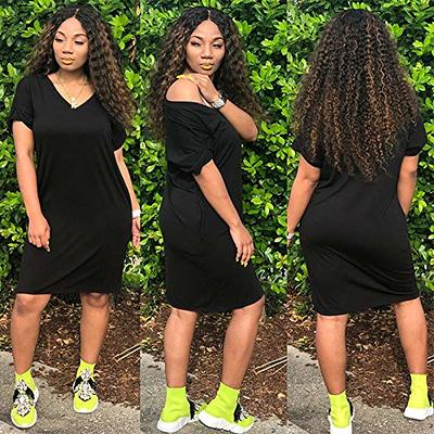 Casual T Shirt Dress for Women Plus Size Loose V-Neck Short Sleeve Midi  Dress Plain