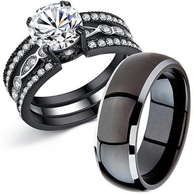 His & Hers, 925 STERLING SILVER TITANIUM Matching Engagement Wedding Ring  Set. AVAILABLE SIZES men's 7,8,9,10,11,12,13; women's set: 5,6,7,8,9,10.