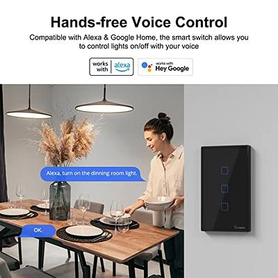 MOES 2.4GHz WiFi Wall Touch Smart Switch Neutral Wire Required, 3 Way  Multi-Control, Glass Panel Light Switch Work with Smart Life/Tuya App,  RF433