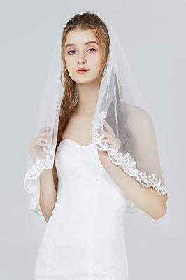 Cathedral Wedding Veils 2 Tier Ivory Floral Full Lace Edge Long Bridal Veils  with Comb Cover Face at  Women's Clothing store