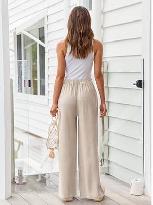  FaroLy Women's Baggy Drawstring Cotton Linen Pants Elastic Waist  Beach Wide Leg Trousers Summer Yoga Slacks Pant (Color : Beige, Size :  Small) : Clothing, Shoes & Jewelry