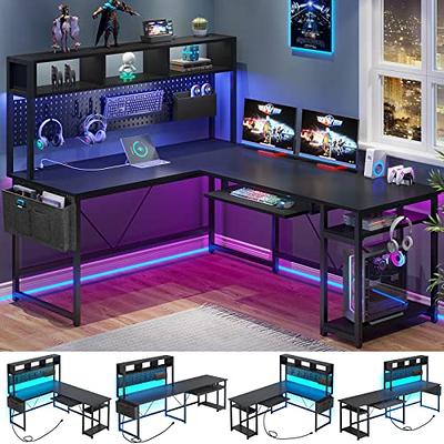 SEDETA Gaming Desk, 55 Computer Desk with Hutch and Shelves, LED Lights,  Pegboard and Monitor Shelf, Large PC Gamer Desk Workstation for Home  Office