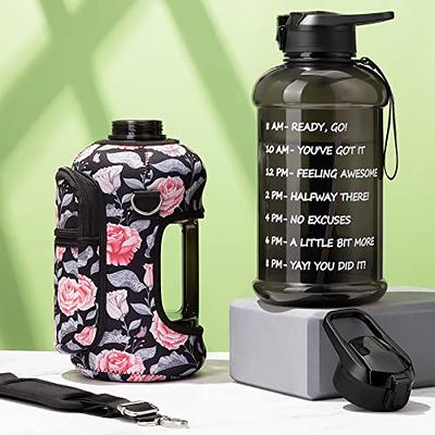 64 oz Motivational Water Bottle with Straw and Time Marker Leakproof BPA Free Green Cap