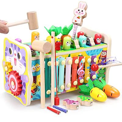 Wooden Montessori Toys for 1 Year Old, Hammering Pounding Toys, with Whack A Mole Fishing Game Xylophone Preschool Learning Educational Toys, for 1 2