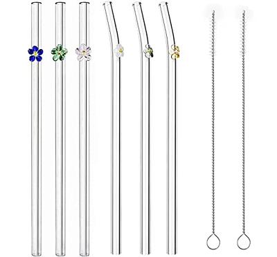 Reusable Glass Straw Shatter Resistant, Clear Glass Straws with Flowers,  Cute Glass Straws for Smoothies and Normal Liquid Drinks, 6 Bent Straw with  2
