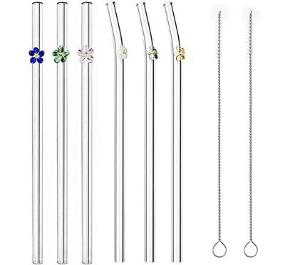 7 Pack Reusable Colored Flower Glass Straws with Cleaning Brushes Durable  Thick