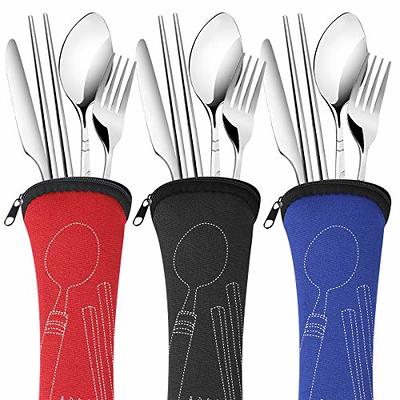 Reusable Utensils with Case, Travel Portable Fork Spoon Chopsticks Set with  Organizer Stainless Steel Flatware Utensils to go with Platic Case for