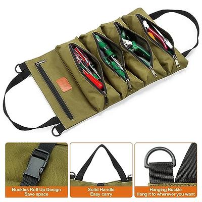 Tool Roll Up Bag, Canvas Multi-Purpose Wrench Roll Up Bag, 5 Zipper Tool Pockets Electricians Tool Roll Organizer, Hanging Tool Zipper Carrier Tote