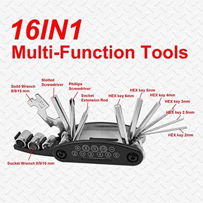 Portable Bike Repair Kit include 16 in 1 Multi Tool, 2 iron Tire Levers and  5