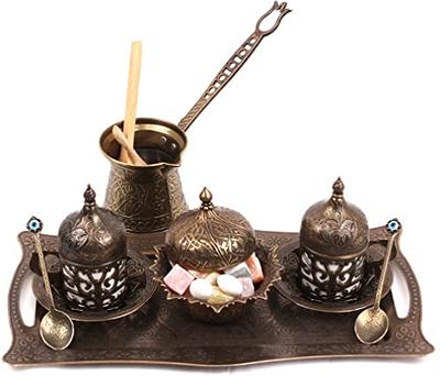 Turkish Coffee Cup Set for 2 With Copper Coffee Pot , Arabic Coffee Set,  Coffee Service Set, Espresso Serving Set, Turkish Serving Tray. 