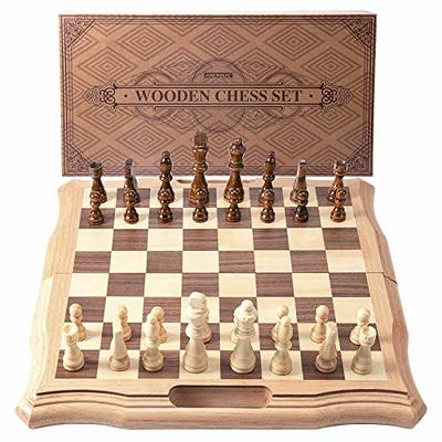 AMEROUS Magnetic Wooden Chess and Checkers Game Set, 15 Inches (2 in 1)  Chess Board Games, 2 Extra Queens - Gift Package - Game Pieces Storage  Slots