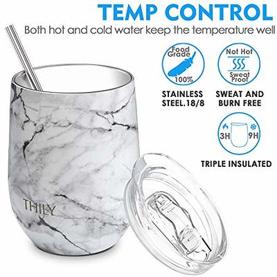Stainless Steel Insulated Wine Tumbler - THILY Stemless Wine Glass with Lid  and Straw, Splash-proof, Cute Travel Cup for Coffee, Cocktails, Gifts for