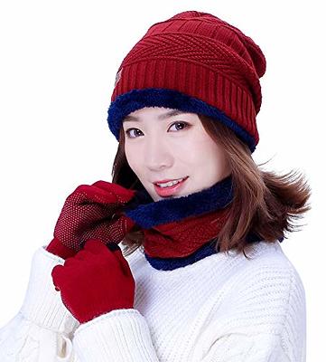 Winter Knit Beanie Hat Neck Warmer Gloves Set, Fleece Lined Skull Cap Infinity Scarves Touch Screen Mittens for Men Women (Black)