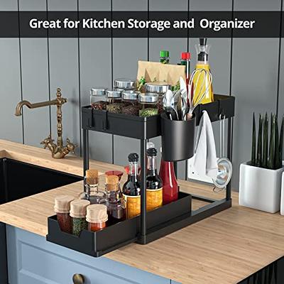 SPACEKEEPER Under Sink Organizer, 2-Tier Sliding Under Bathroom Sink  Storage Pull Out Cabinet Organizer Metal Material Multi-purpose for Kitchen