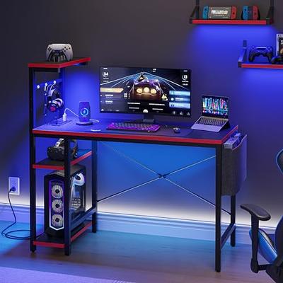 Bestier 42 Gaming Desk PC Computer Table with LED Lights & Monitor Stand &  Hook & Cup Holder in Blue