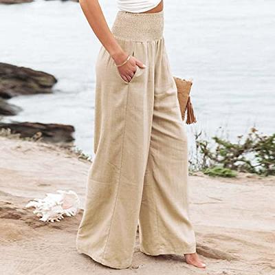 Womens Flowy Pants Summer Linen Lightweight Wide Leg Pants Elastic High  Waisted Casual Beach Palazzo Pants Dressy A-Beige - Yahoo Shopping