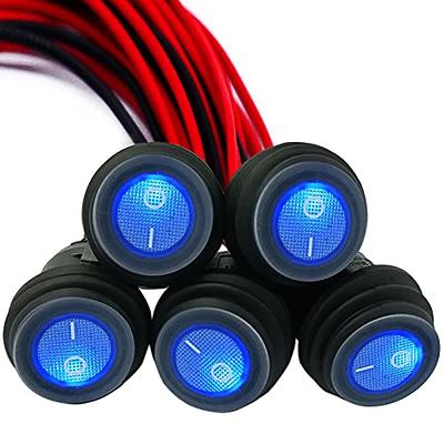 Qidoe 5pcs Waterproof Round Rocker Switch, DC 12V 24V ON/Off Toggle Switch  with Blue LED Indicator, SPST 3 Pins with Pre-soldered Wires 0.8/20mm Hole  for Car RV Truck Boat Motorcycle KAN-B2-25P 